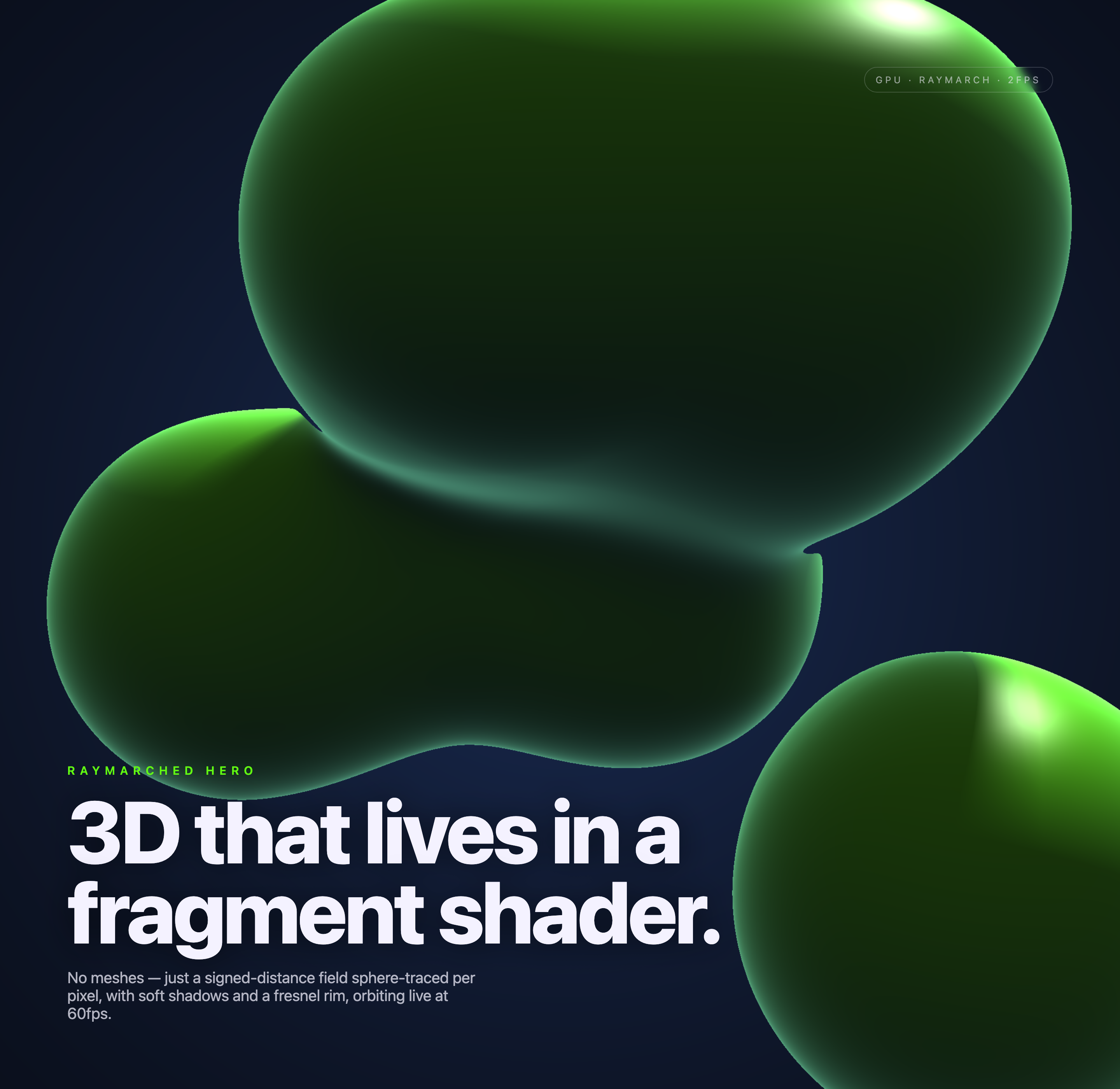 Alternate arrangement of smooth green rounded forms with bright highlights and deep shaded curves.
