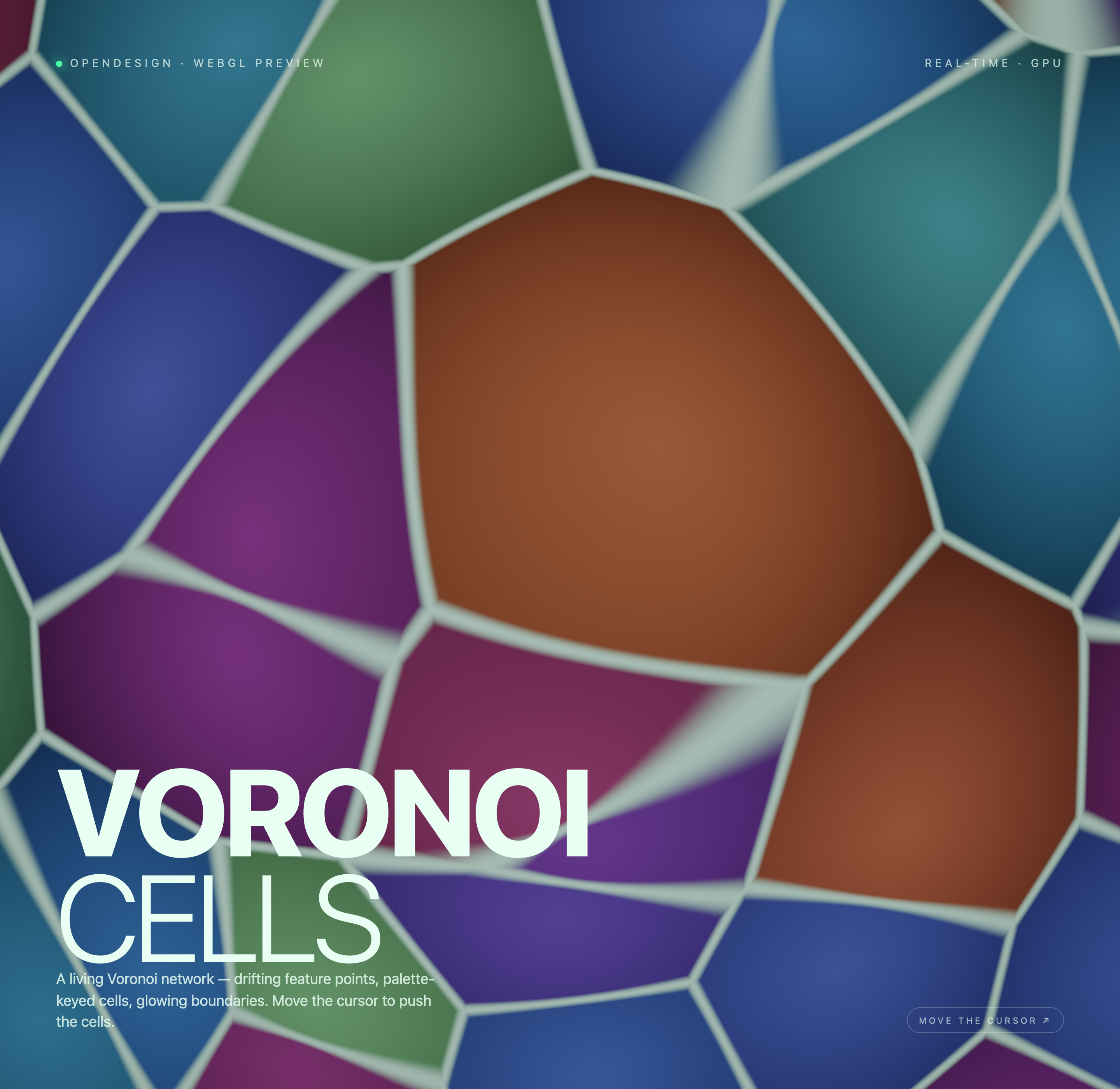 A motion-state capture showing the same overlay while the Voronoi regions occupy a shifted arrangement.