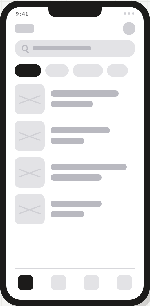 Marketplace browse wireframe with a static search placeholder, four category pills, four thumbnail-and-text rows and four bottom-navigation positions.