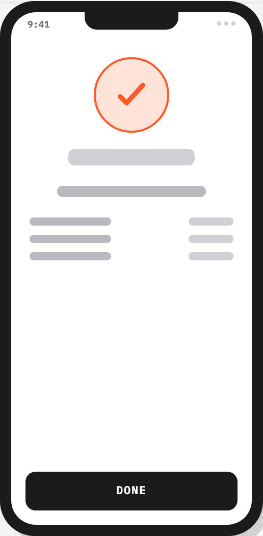 Marketplace confirmation phone wireframe with an orange checkmark, three summary rows and a static DONE label.
