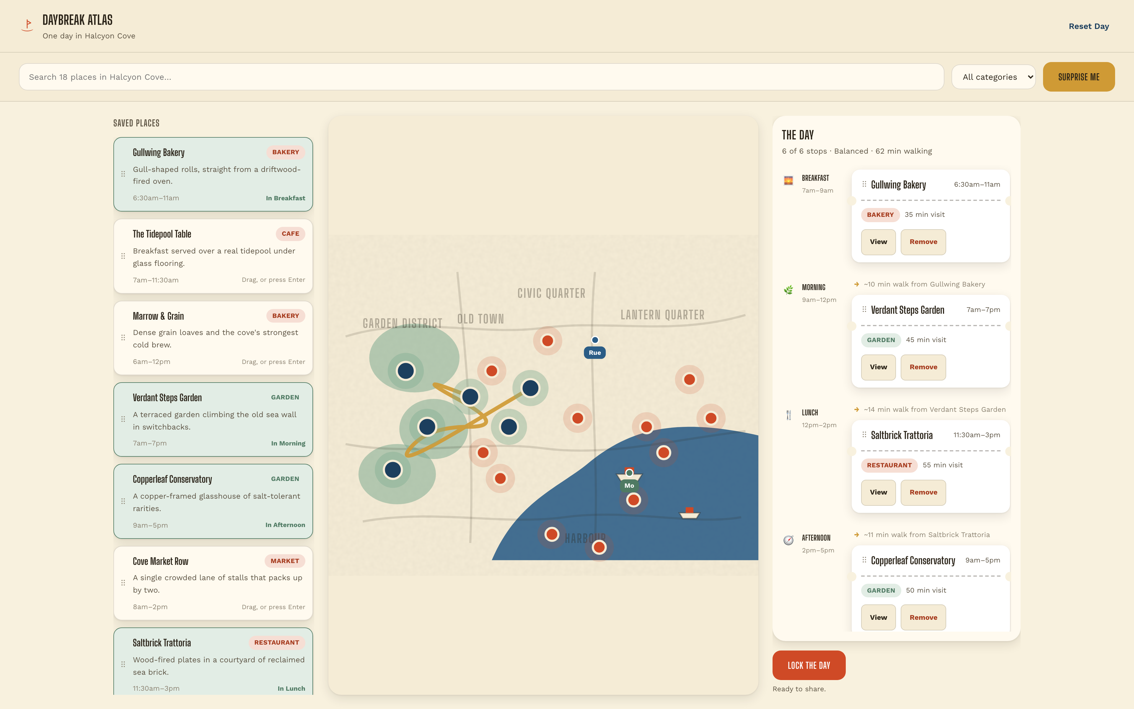 Travel Planner Dashboard Design: Complete City Map, Place Library and Day Plan