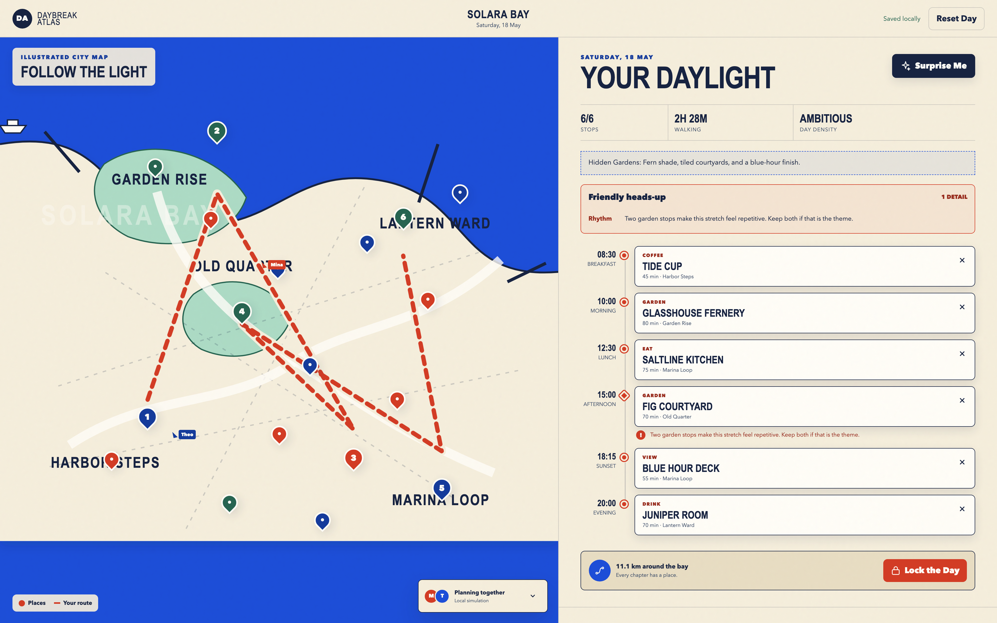 Day Trip Planner Design: Complete City Map, Place Library and Day Plan