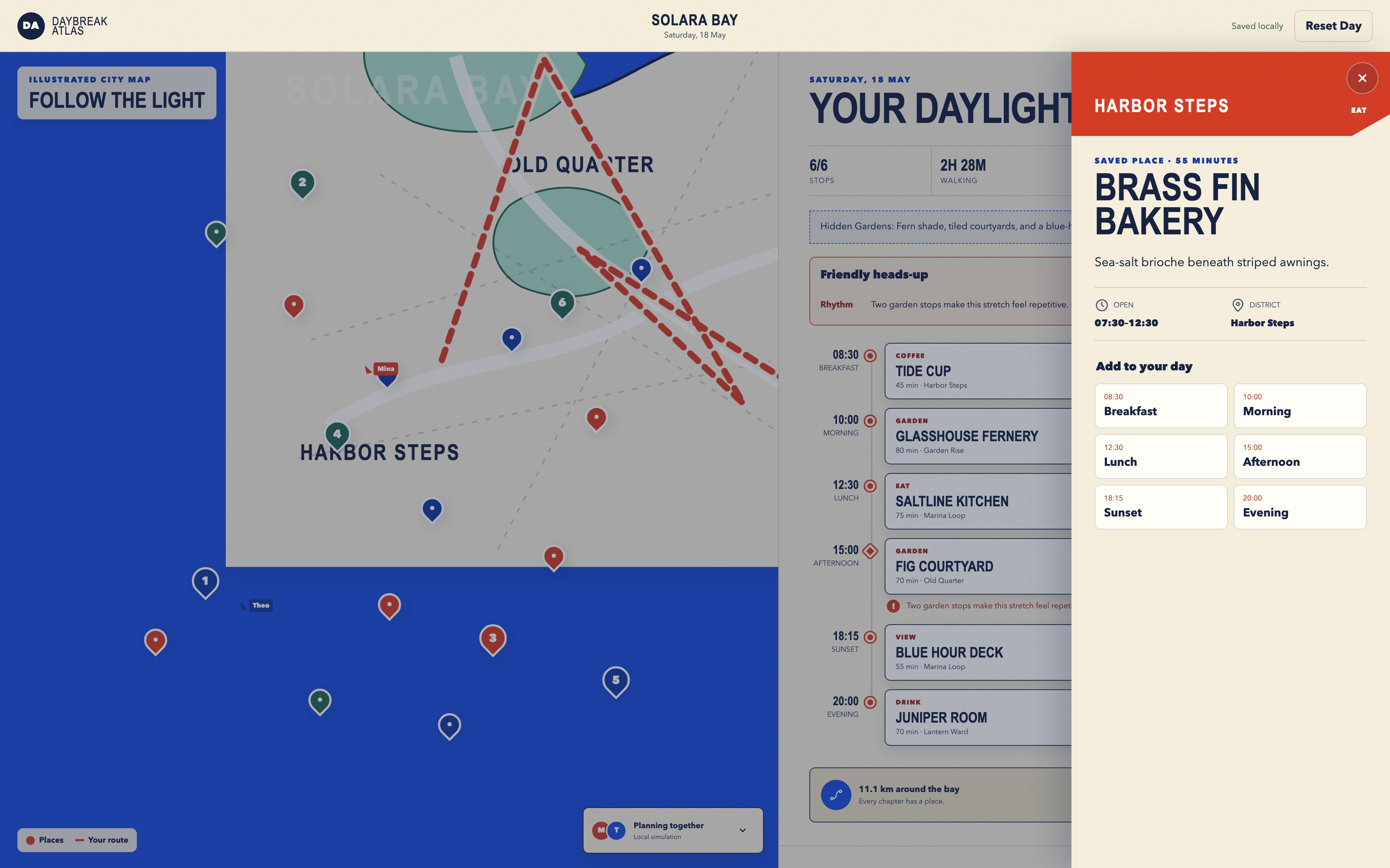 A place drawer opens within the full planning workspace, keeping the map and existing itinerary available as context for the next assignment.