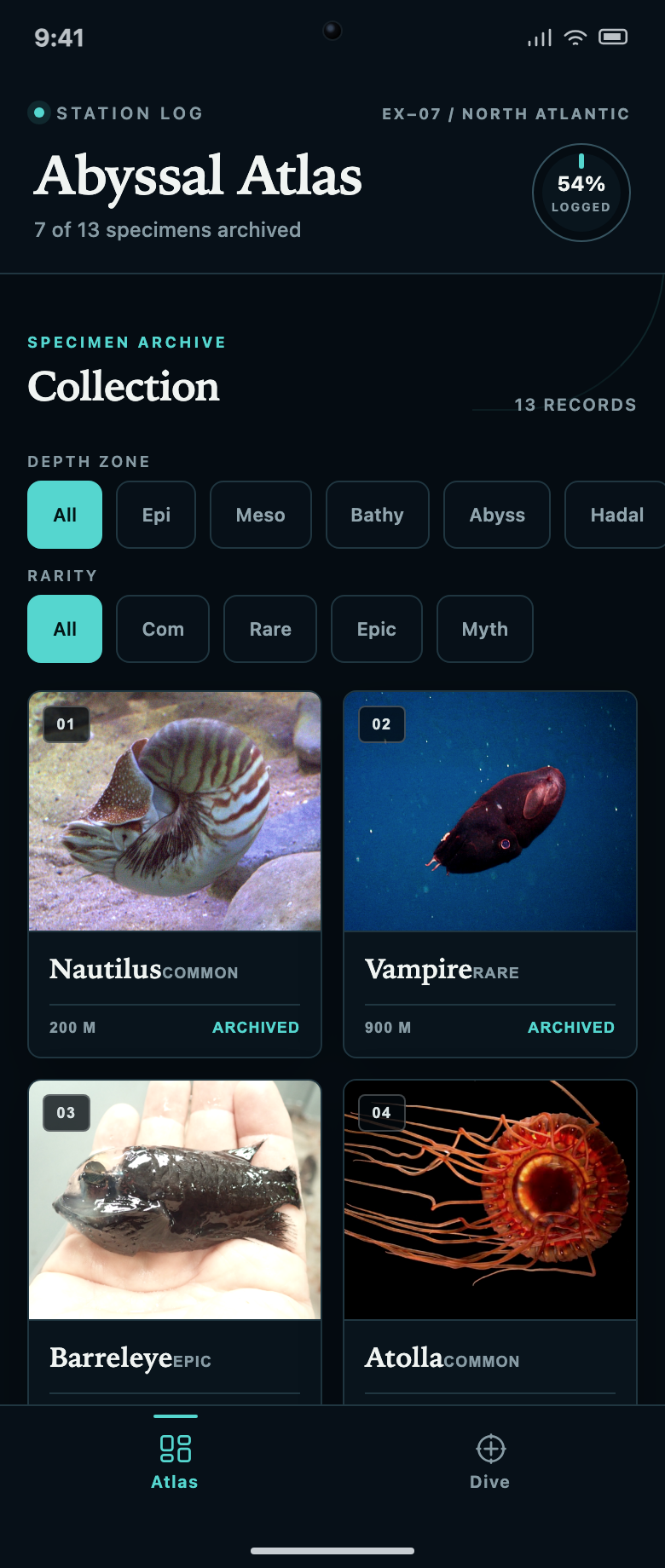 Collection screen showing the depth-zone and rarity pill rows above a two-column photo grid. Cards 01 through 04 show ARCHIVED status; the species name and rarity badge appear directly on the card thumbnail.