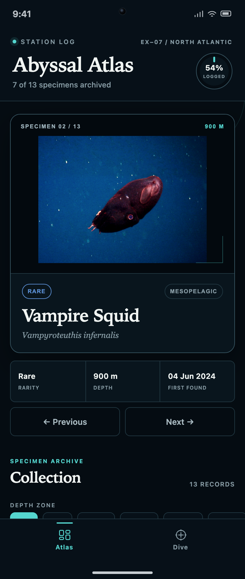 Discovery Collection App Design: Current Specimen and Discovery Card