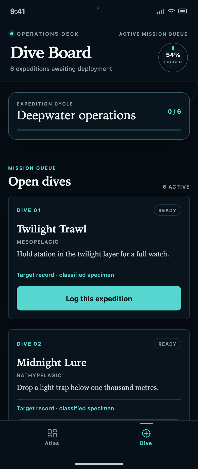 Discovery Collection App Design: Dive Board With Its Expedition Queue
