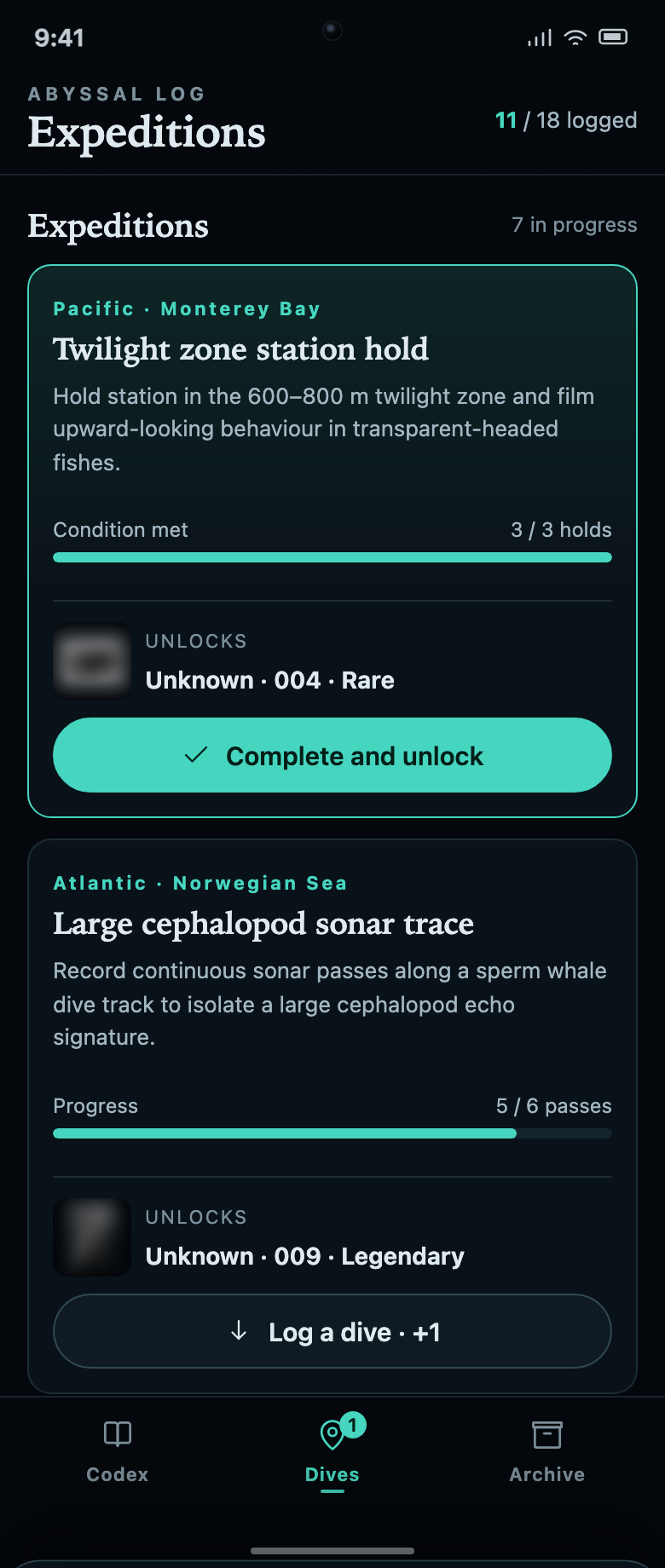 The complete mission screen contrasts a condition-met task with tasks still in progress, retaining each mission’s unit and the record it unlocks.