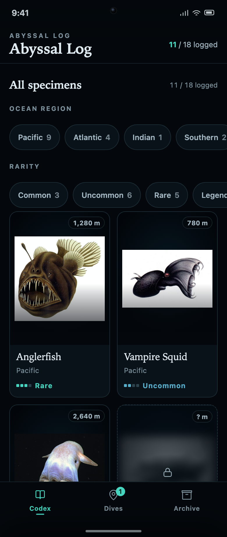 Marine Collection App Design: Collection Cards and Filters