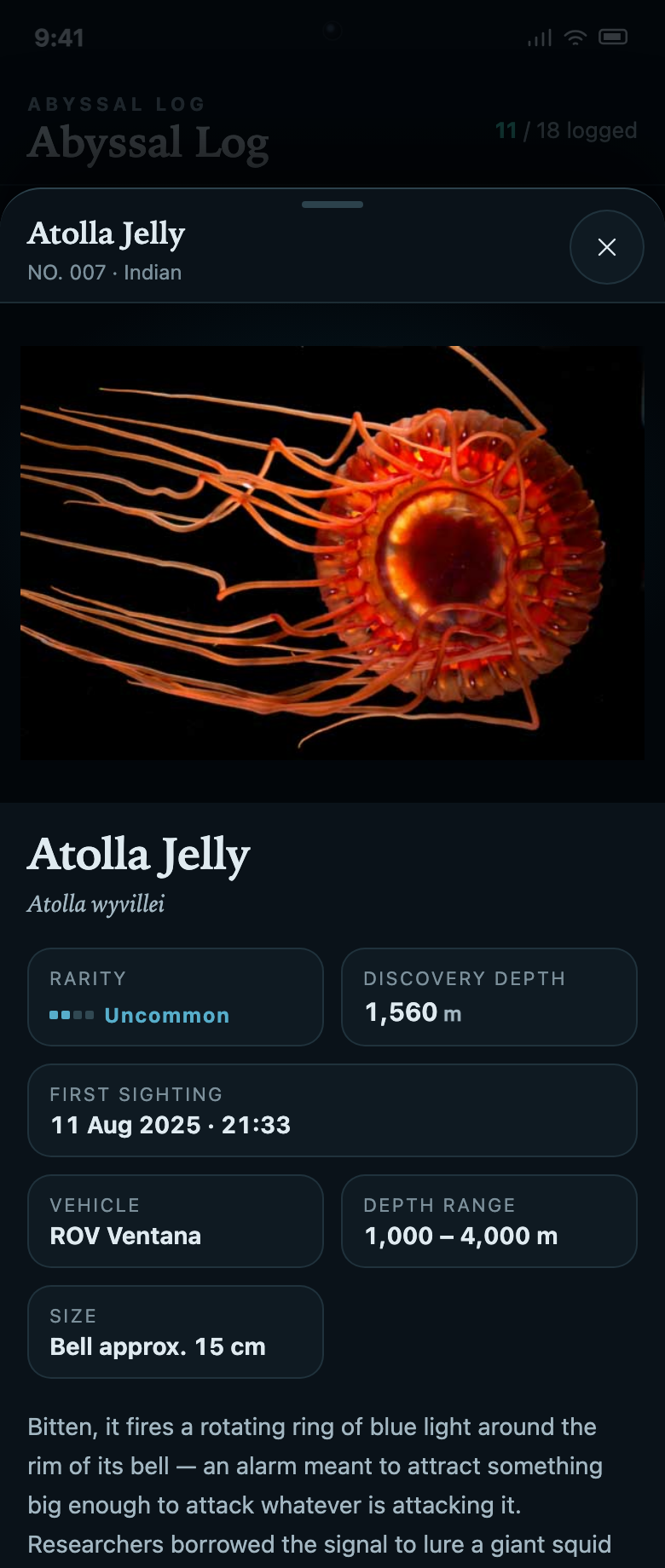 Marine Collection App Design: Atolla Jelly Record and Discovery Data