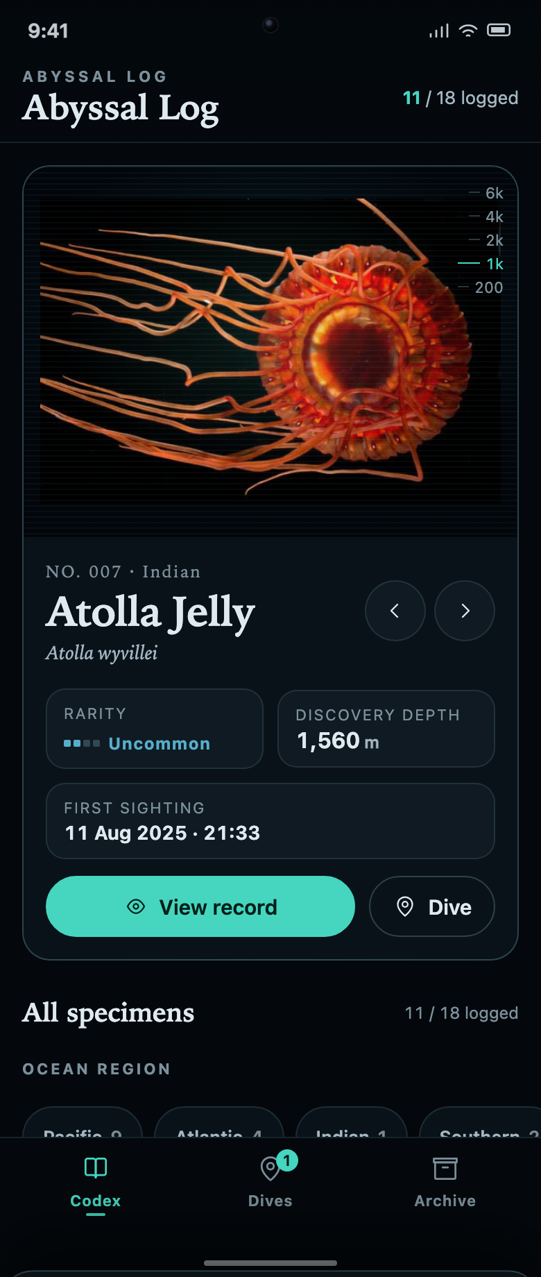 Marine Collection App Design: Current Specimen and Discovery Card