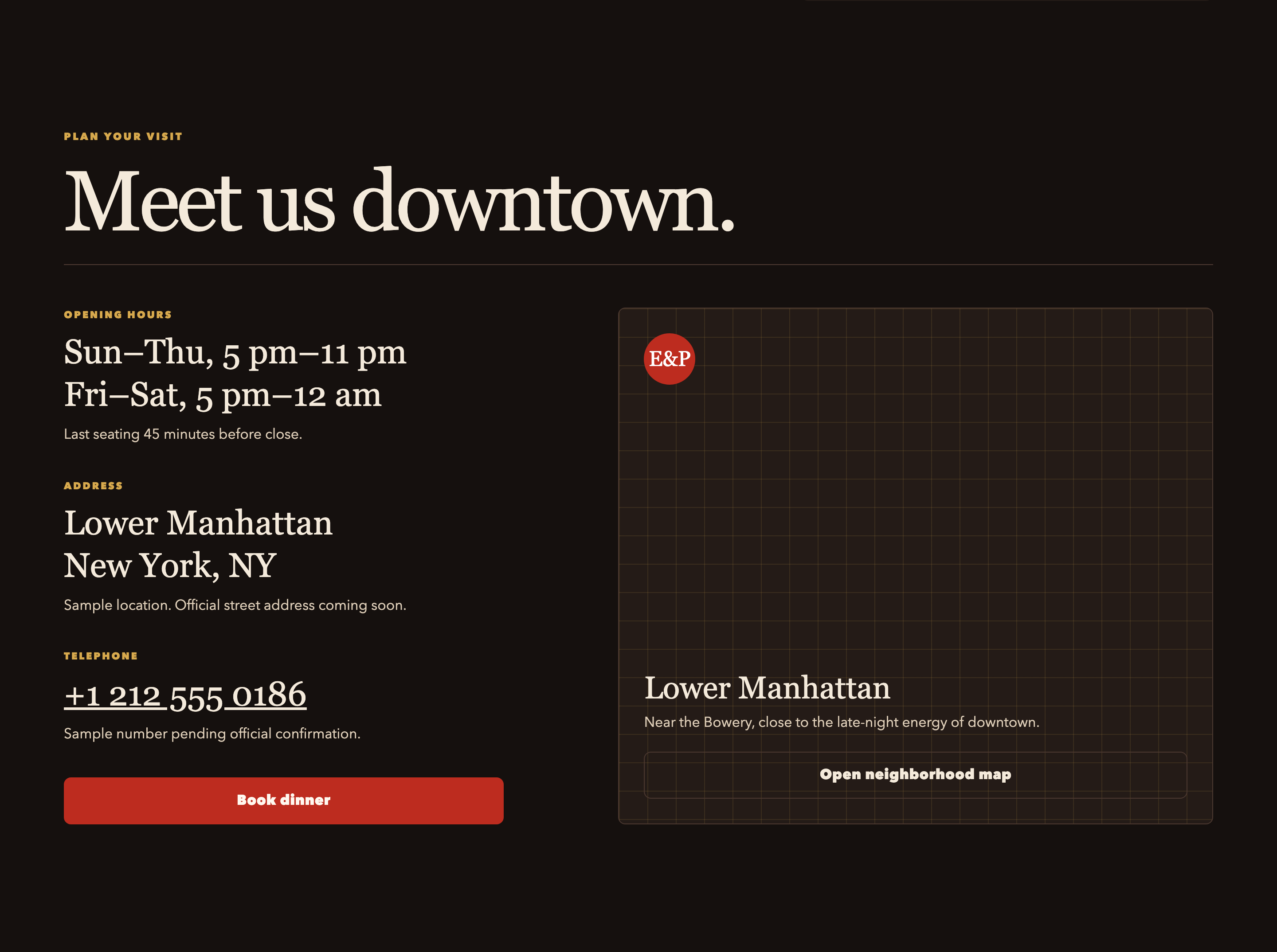 The full visit section keeps opening hours, sample location and telephone information alongside the neighborhood panel and Book dinner action.