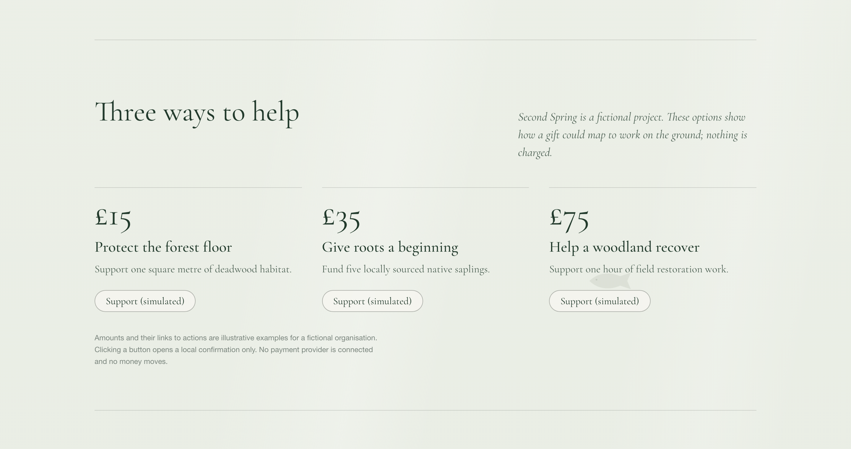 Three complete support columns, each linking an illustrative amount to an activity and a simulated action.