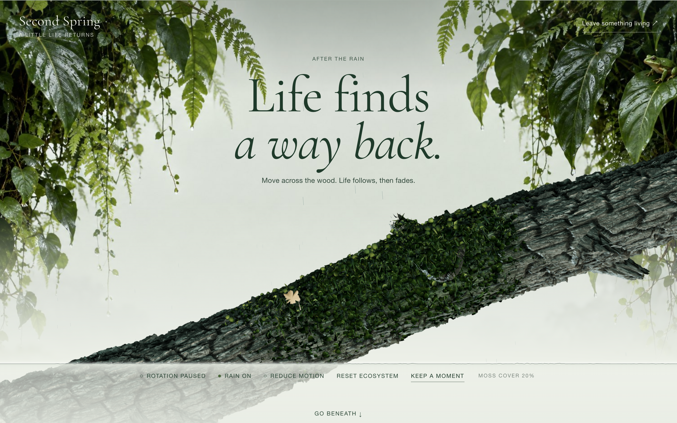 The complete opening scene after pointer interaction, with a temporary moss patch and its coverage label.