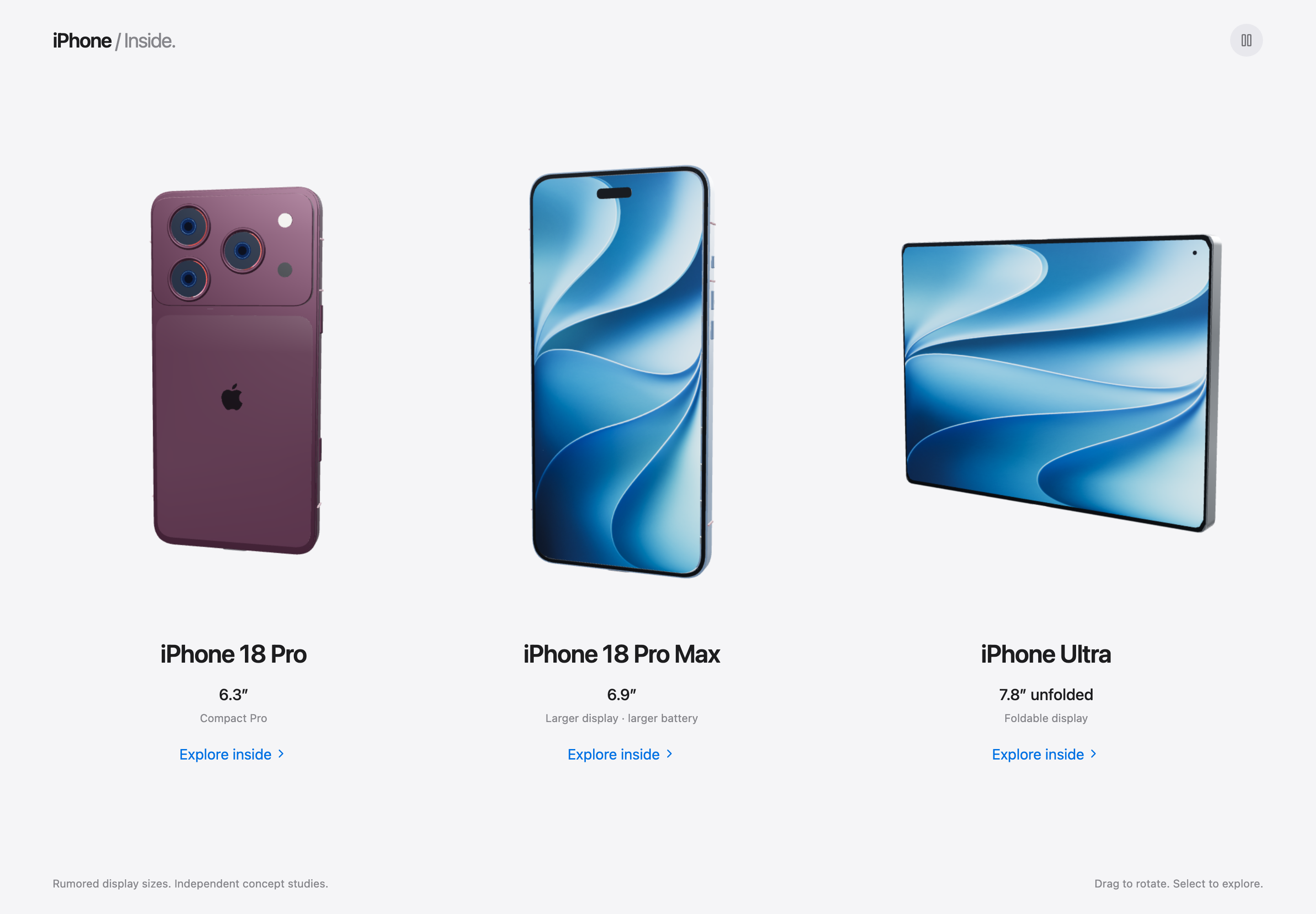The complete concept collection shows three devices, their model and display-size labels, Explore inside entries and the independent-concept notice.