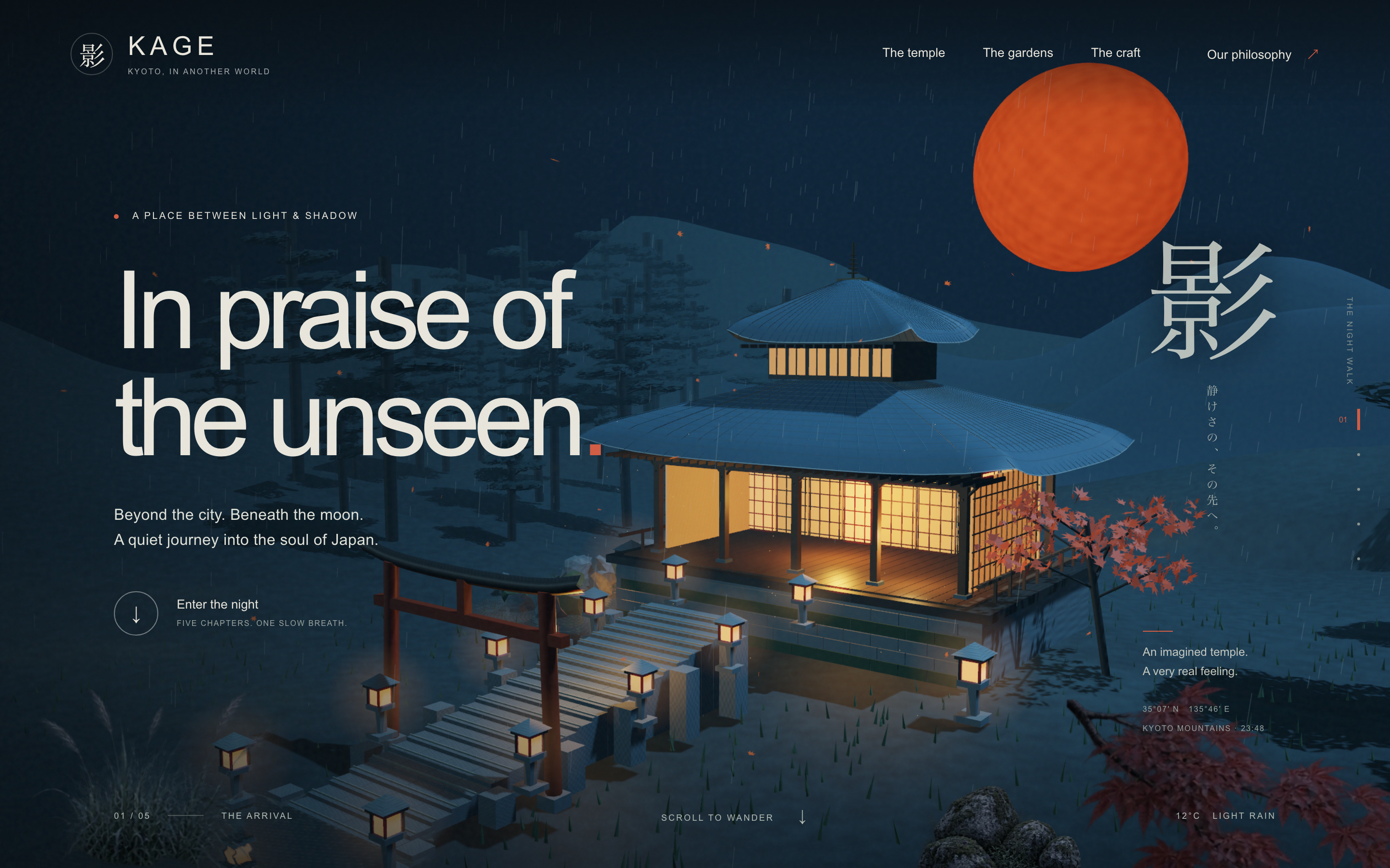 The complete arrival scene places the opening invitation beside the imagined temple and orange moon.