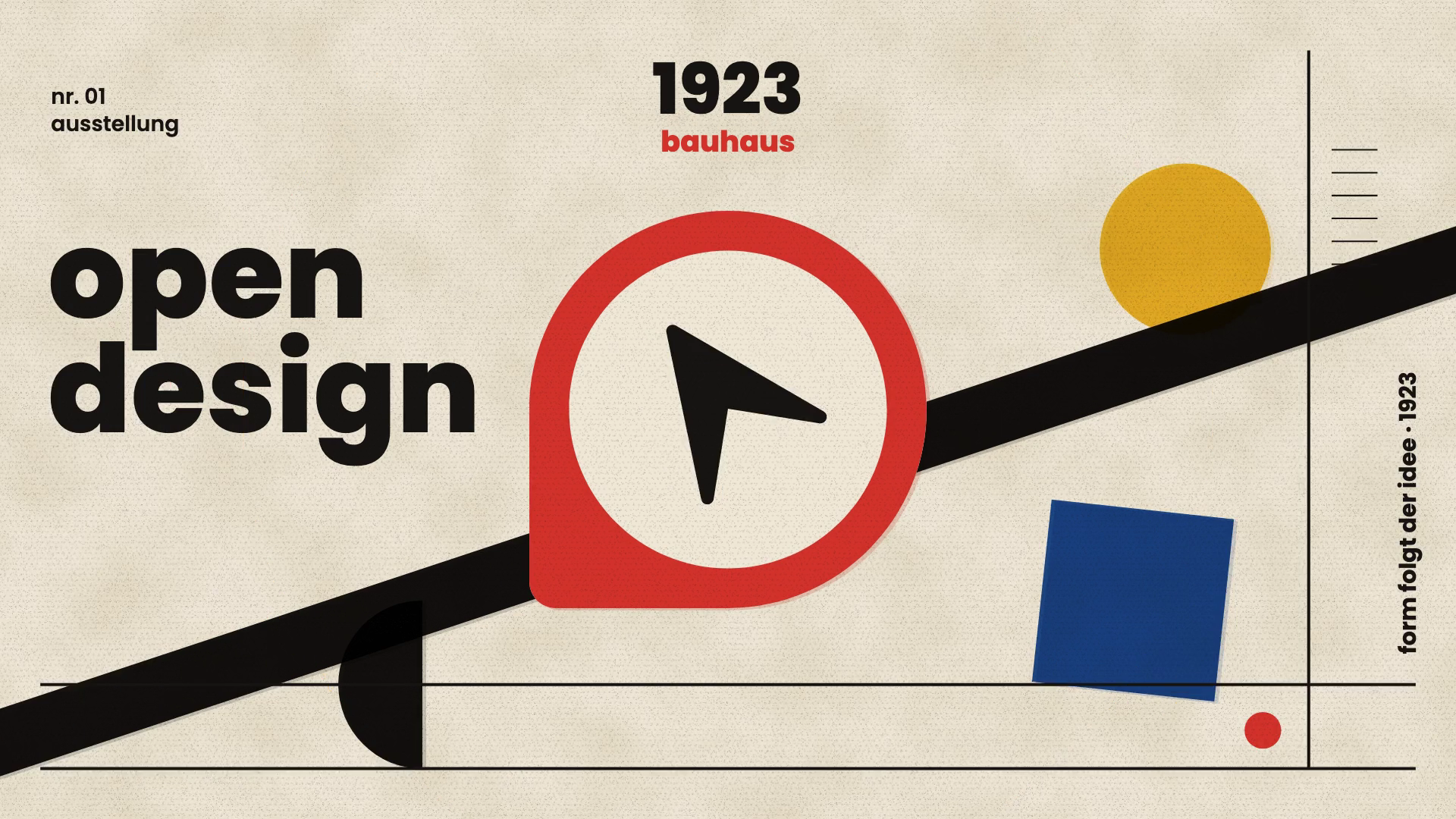 The frame labeled 1923 Bauhaus uses primary-color geometry and a diagonal black band around the cursor mark.