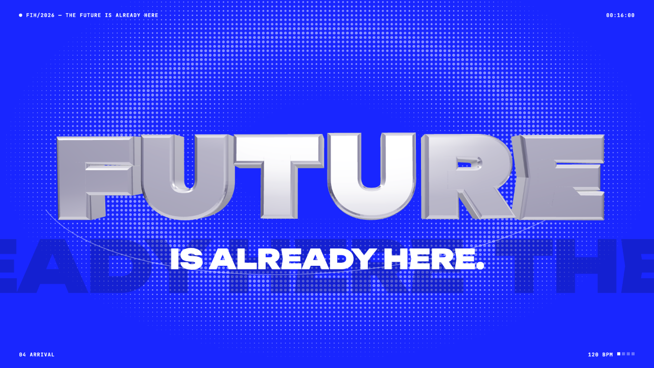 Metallic Future lettering over a blue halftone field with Is already here beneath it.