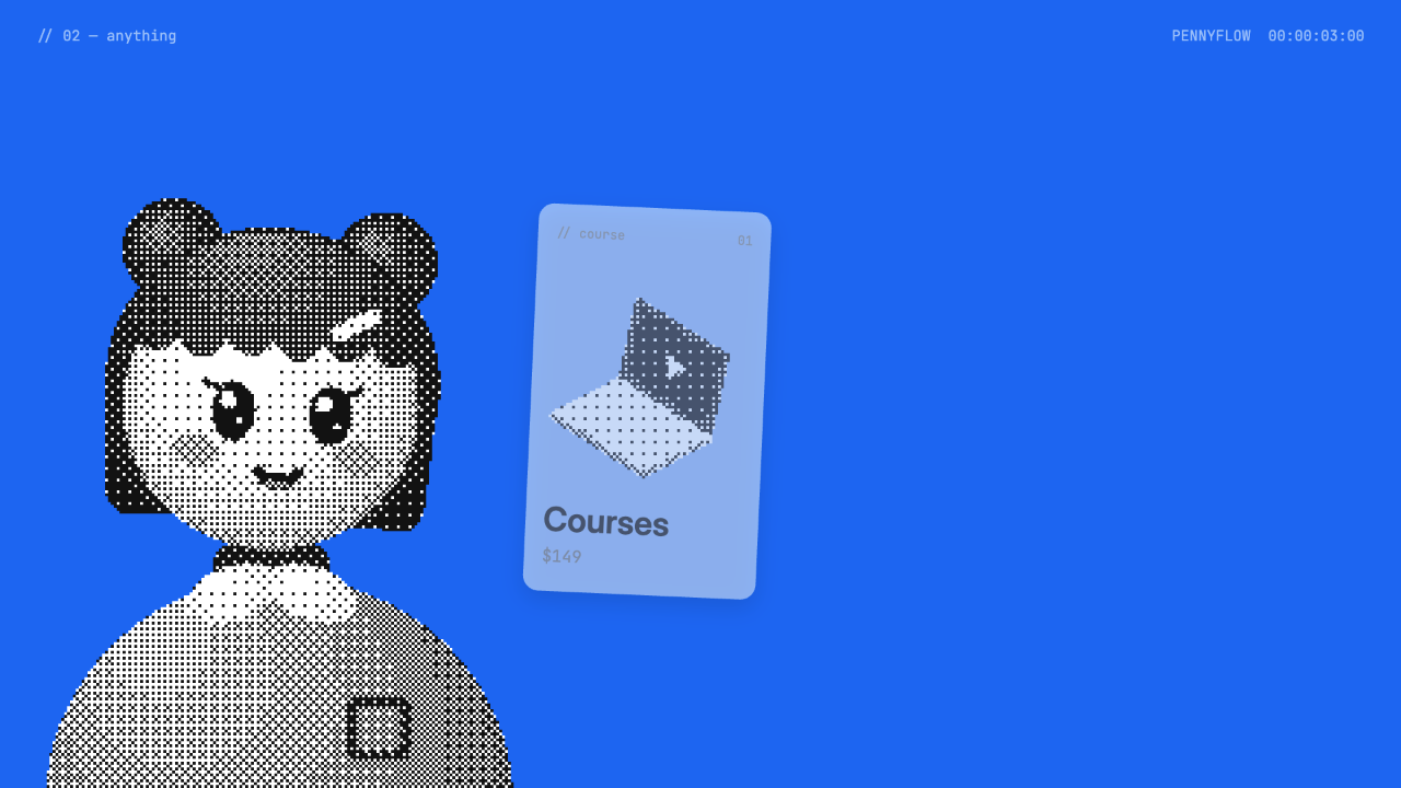 At roughly three seconds, the first product card appears beside the halftone mascot on the blue “anything” chapter.