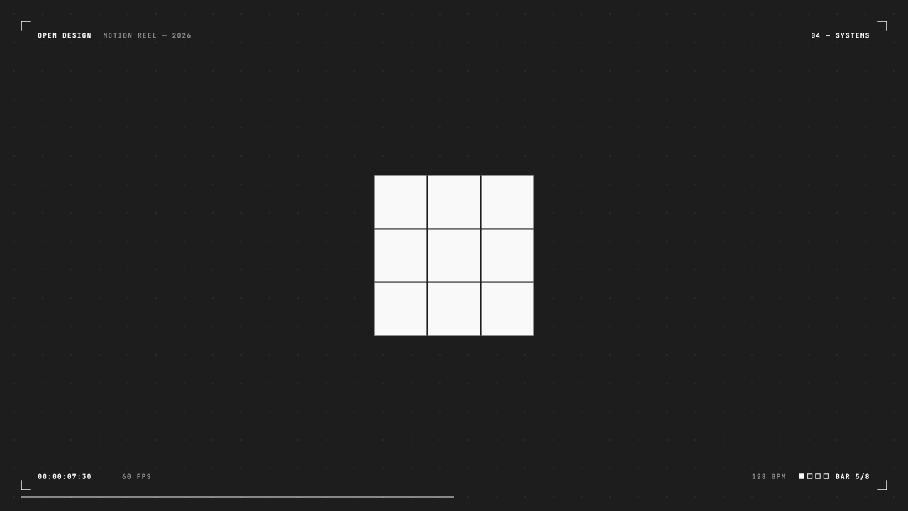 Systems chapter at 00:00:07:30: a 3×3 paper tile centred on a dark field, BAR 5/8.