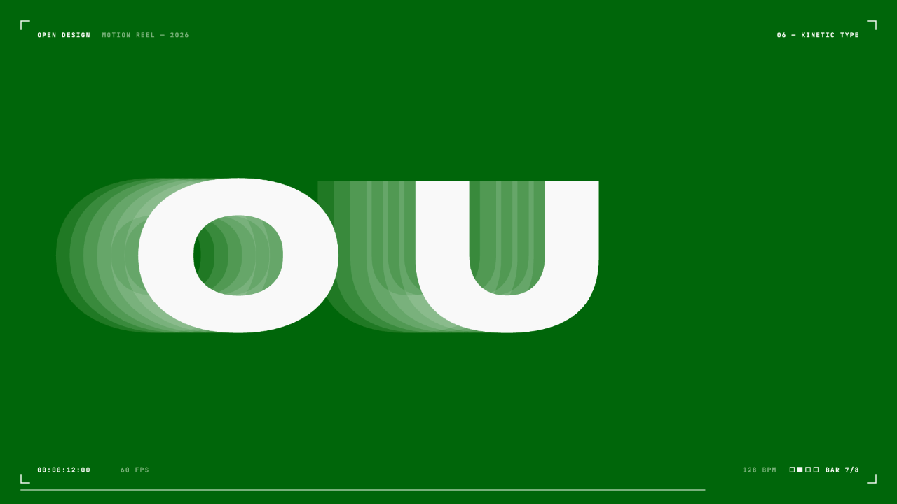 Kinetic type at 00:00:12:00: white letters with green echoes on deep green, BAR 7/8.