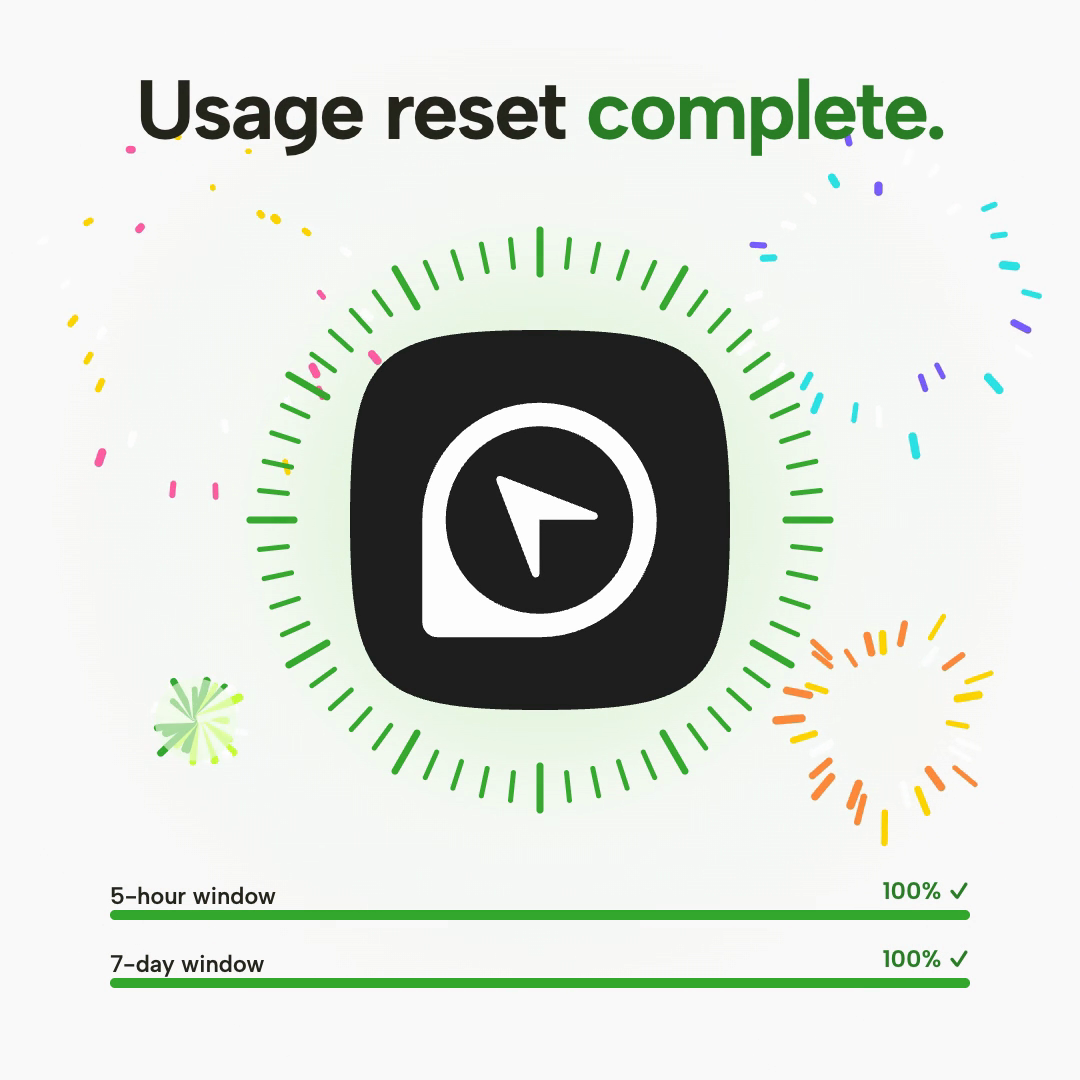 Usage reset complete appears in green above the logo with both progress bars at 100 percent.