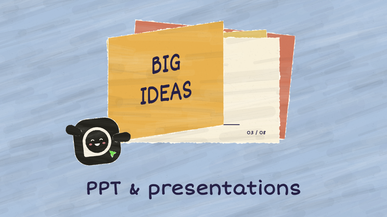 The presentation beat holds a layered paper deck while the OpenDesign buddy remains close enough to appear involved in the page action.