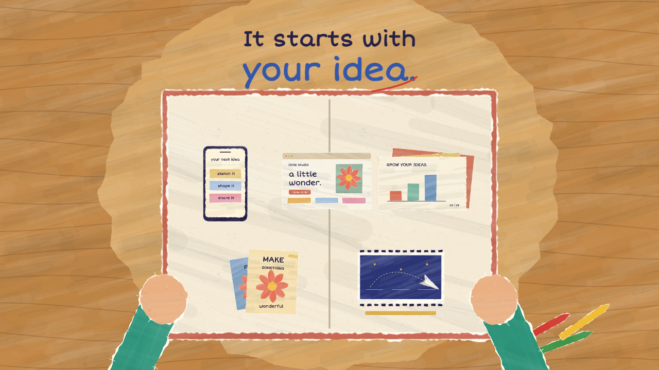 An open paper portfolio with phone, website, chart, poster and video illustrations beneath It starts with your idea.