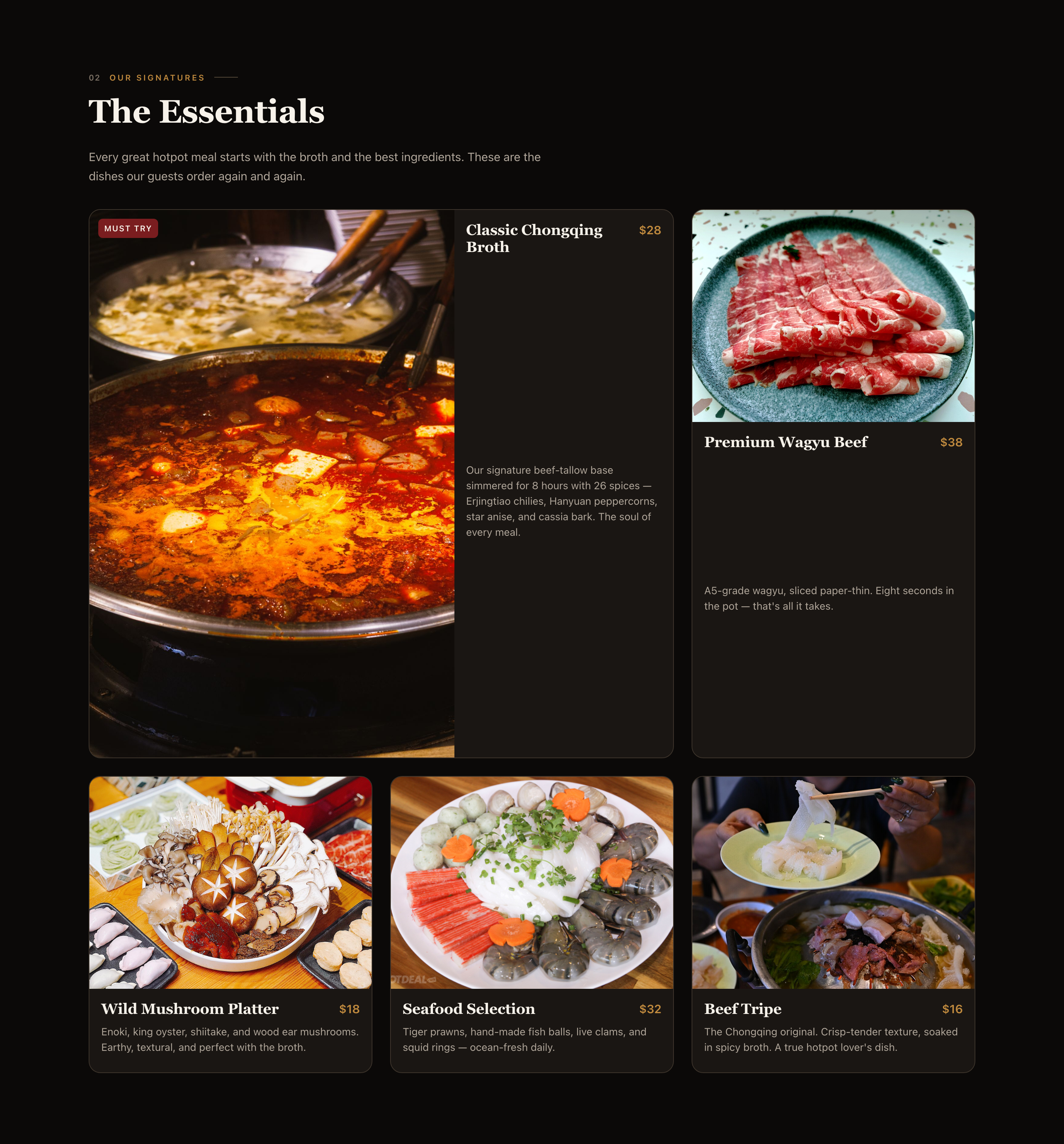 The signature menu pairs a prominent broth card with four accompanying dishes. Names, ingredient descriptions and prices remain visible together.