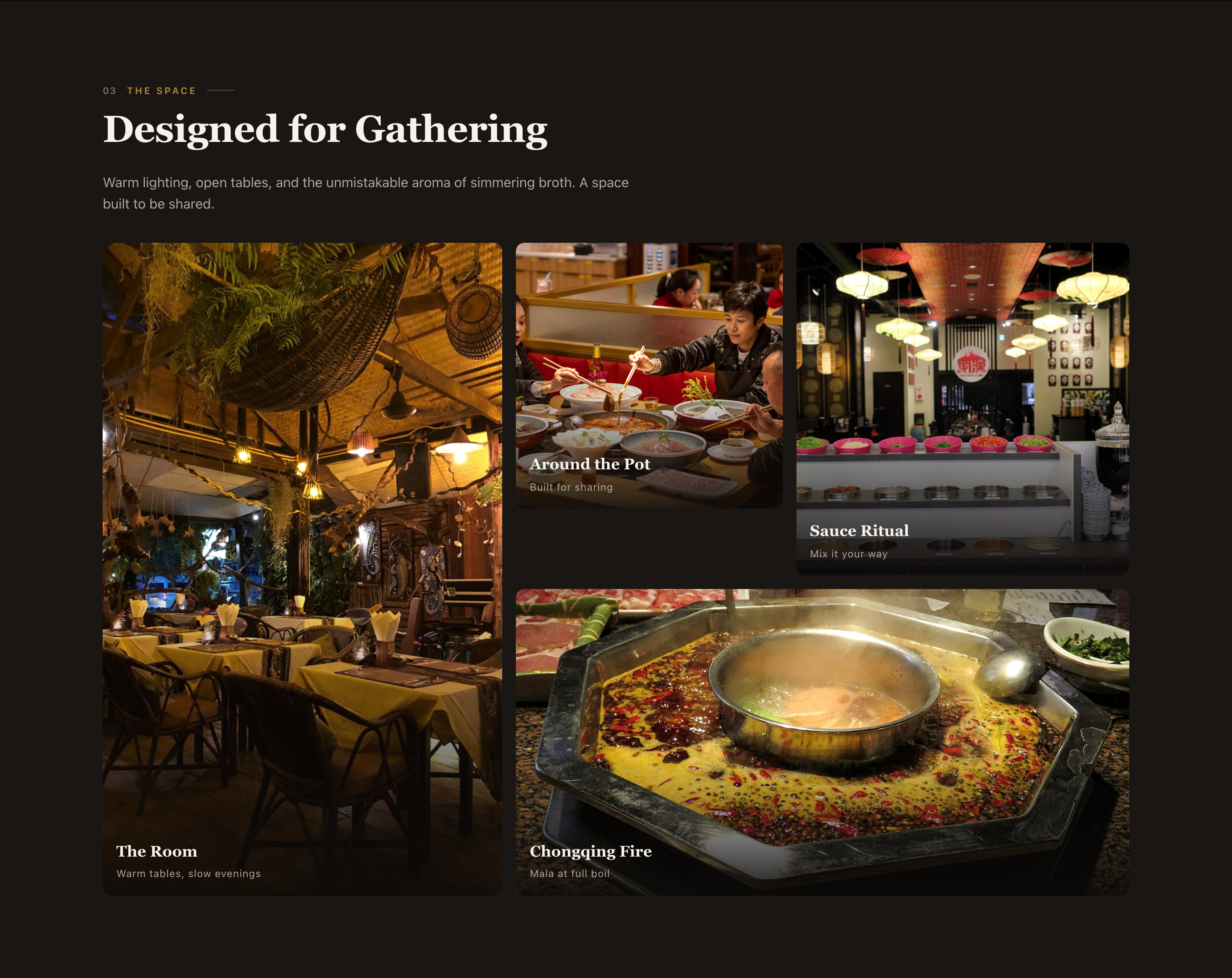 The complete atmosphere section uses a tall room image on the left, two smaller moments at the upper right and a wide hotpot image below them.