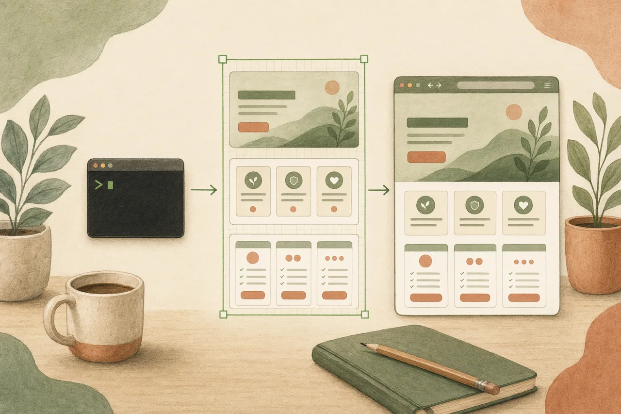 Illustrazione editoriale di un prompt che si trasforma in una landing page responsive e poi in codice di produzione, incorniciata da un riquadro di selezione verde