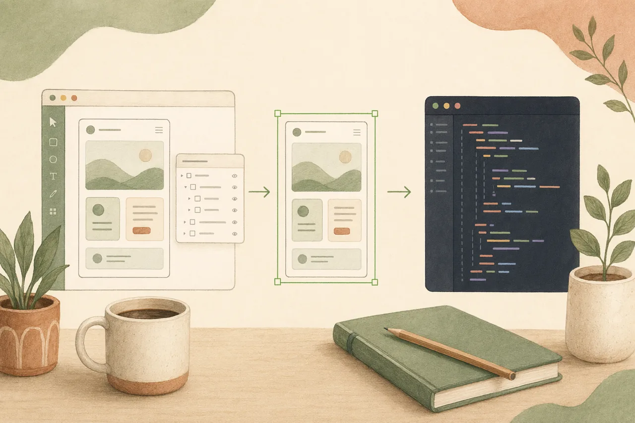Illustrazione editoriale di un design Figma che si trasforma in codice di produzione pulito dentro un agente di programmazione, incorniciata da un riquadro di selezione verde