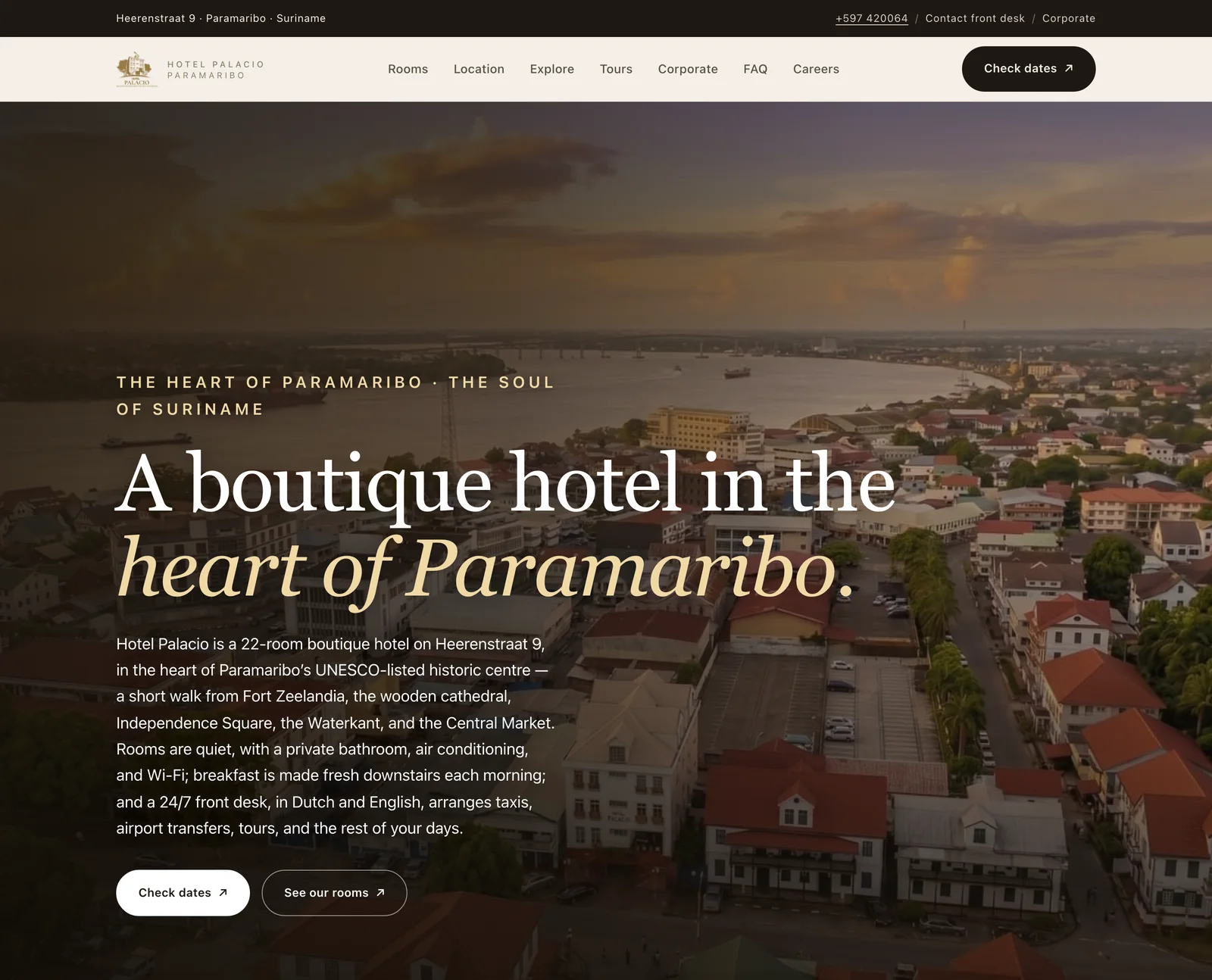 Vollst&auml;ndiger Hero der Hotel-Palacio-Startseite, der nach seinen zwei zentralen Aktionen sauber endet