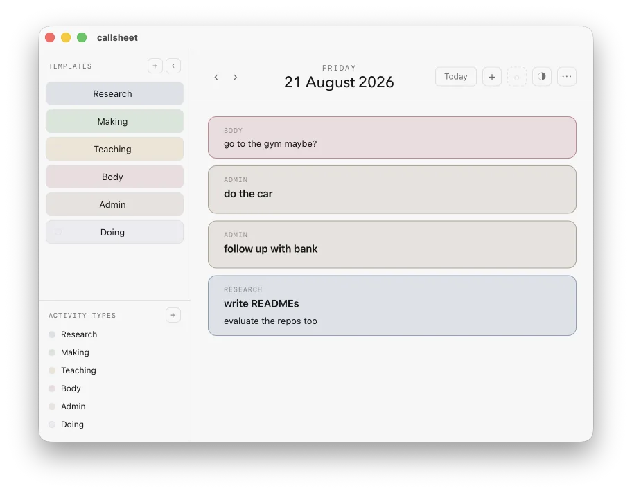Call Sheet, a calm colour-coded desktop whiteboard of the day's tasks