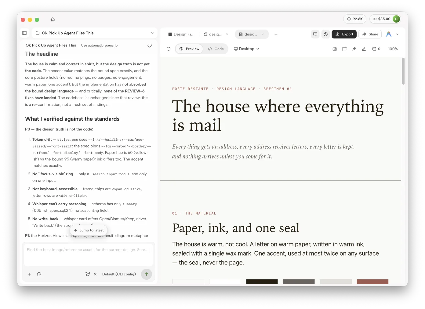 Poste Restante's editorial design language being reviewed inside OpenDesign