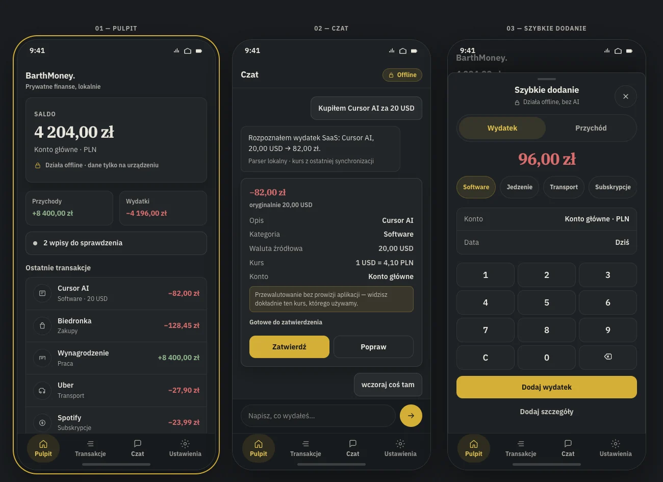 Tre stati completi del prototipo interattivo di BarthMoney: dashboard, conferma di spesa assistita dall&rsquo;IA e aggiunta rapida offline