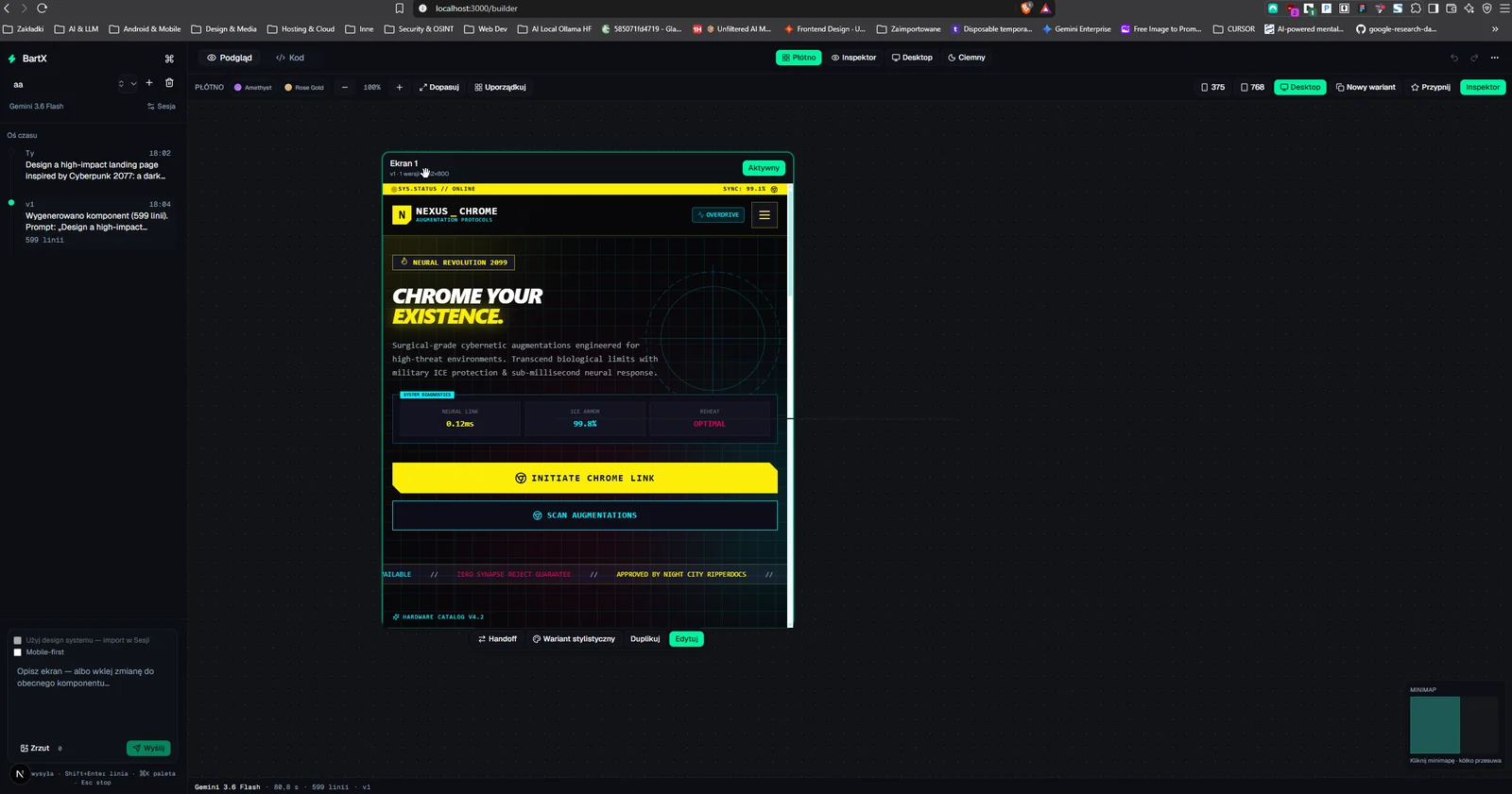 Il builder BartX di John in locale, con un esperimento di landing page cyberpunk