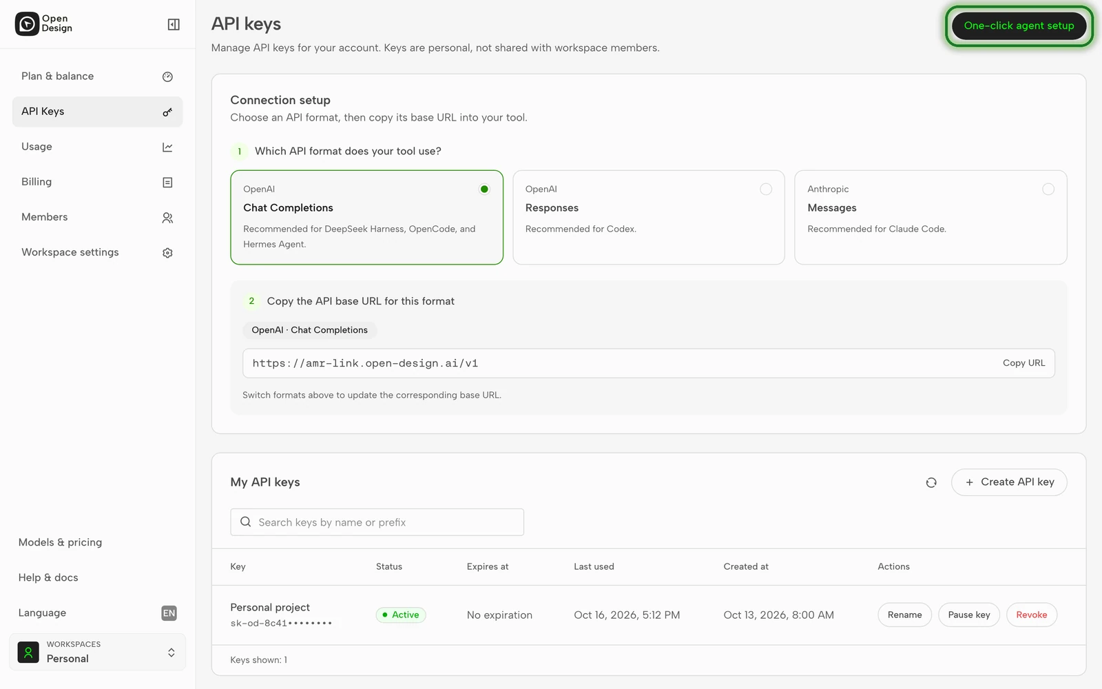 The OpenDesign API keys page with the One-click agent setup button in the top right