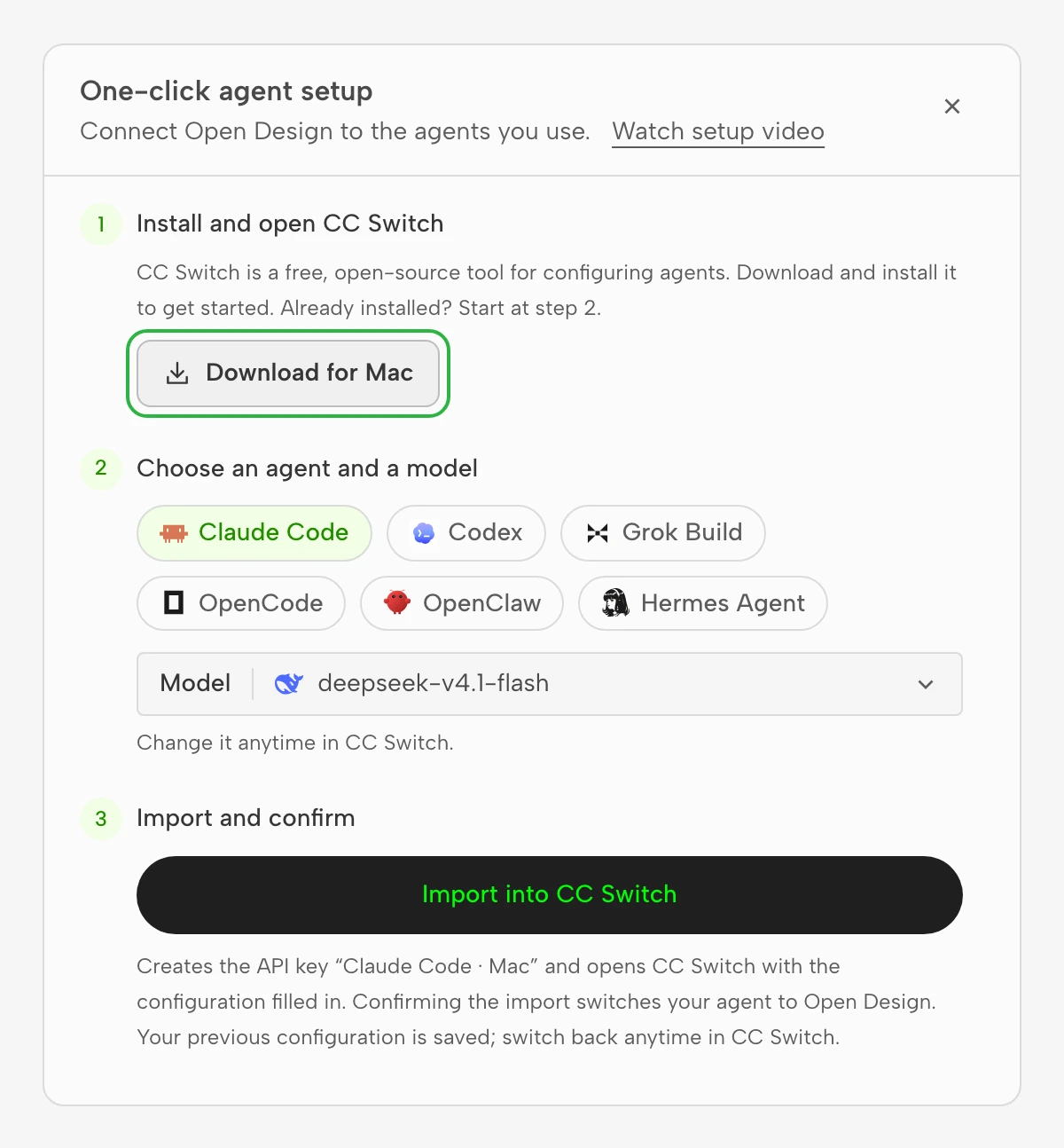 Step 1 of the setup dialog, with the CC Switch download button