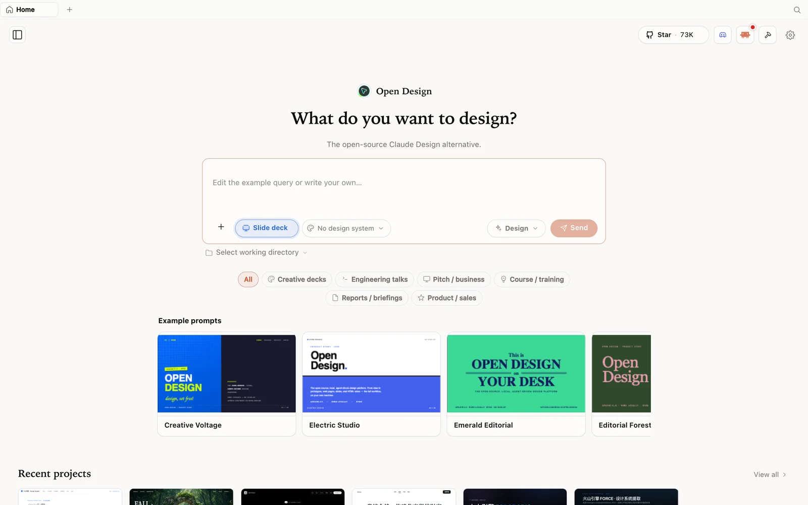 Foliendeck-Modus in Open Design mit Beispieldecks.